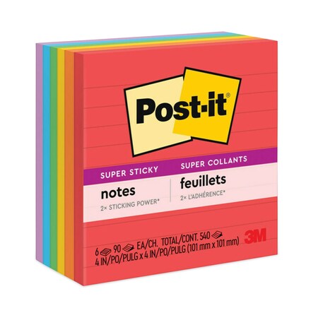 Post-It Pads in Playful Primary Collection Colors, Note Ruled, 4" x 4", 90 Sheets/Pad, PK6 6756SSAN